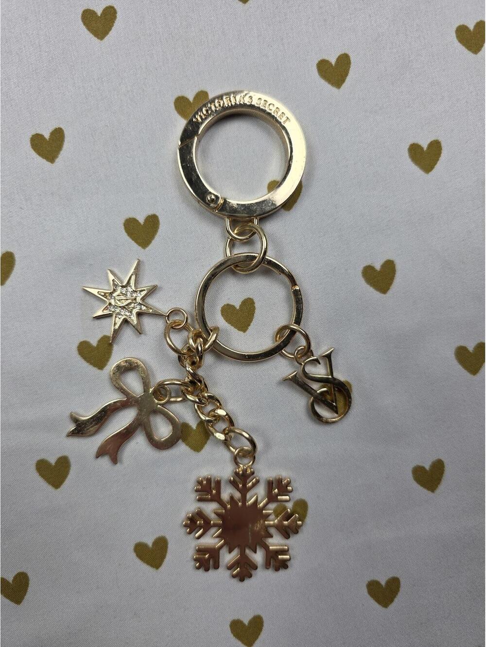 Victorias Secret Gold Tone DREAM Purse Charm Keychain Bow Logo Snowflake